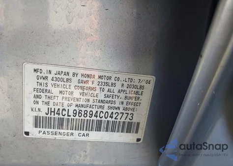 2004 Acura Tsx from USA, damaged, VIN JH4CL96894C042773